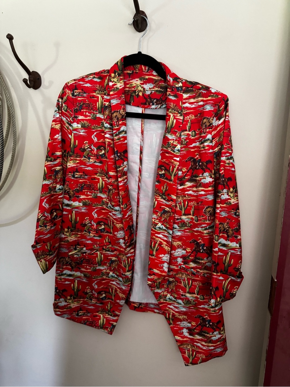 Women's Red Western-Print Open Blazer Jacket